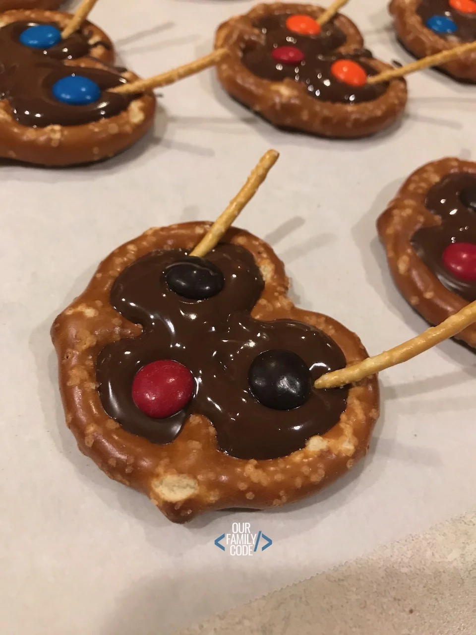 A picture of chocolate reindeer pretzels close up.