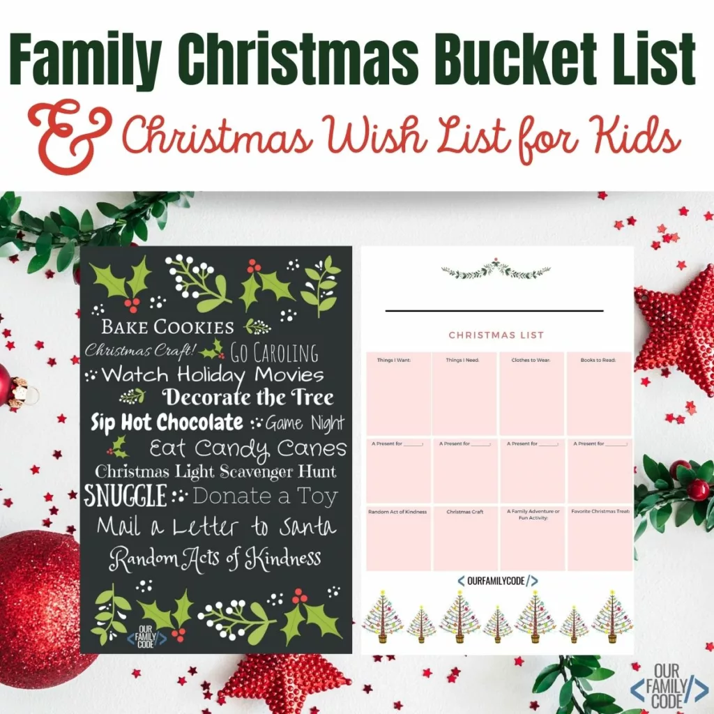 A picture of a family christmas bucket list and a christmas wish list for kids printable.