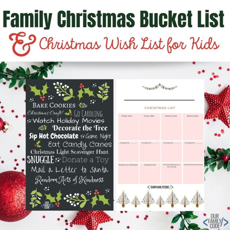 A picture of a family christmas bucket list and a christmas wish list for kids printable.