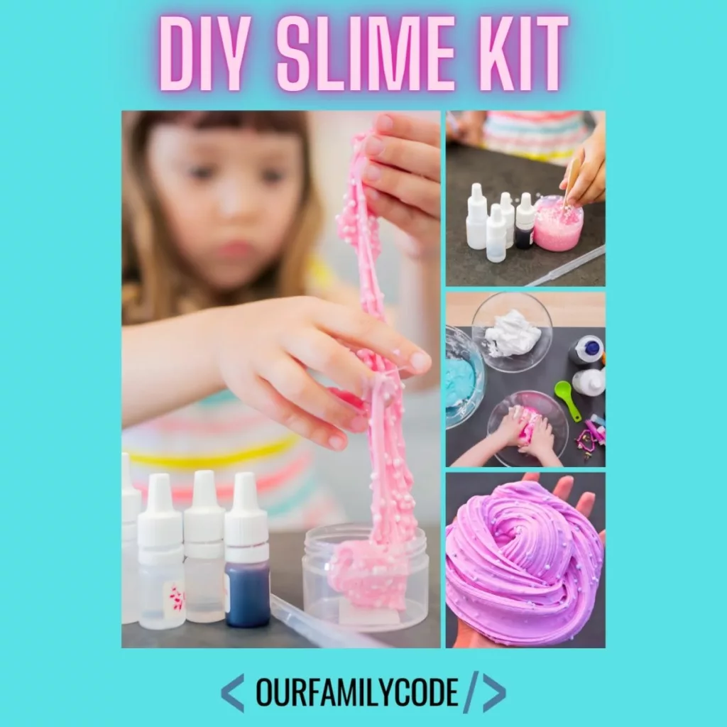 DIY Slime Kit & Free Printable Saline Slime Recipe fi glitter slime saline solution slime printable recipe A picture of a kid making slime with the text "DIY slime kit" in pink font.