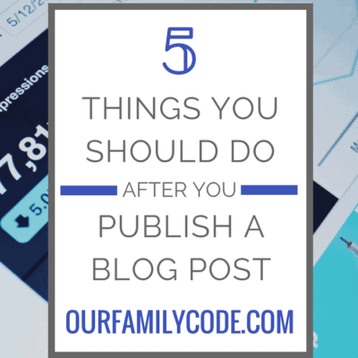 While I am very good at marketing, I do have to be very intentional and strategic about what I do right after I finish writing a post. Check out the 5 things that I do after I finish a post to drive blog traffic to our blog! Here's 5 Things You Should Do After You Publish a Blog Post from OurFamilyCode.com! #blogging #bloggingtips #socialmediapromotion #socialmediamarketing #howtoblog #twittertips #pinteresttips #facebooktips #mixtips