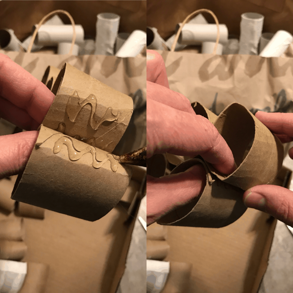 Hot Gluing Toilet Paper Rolls