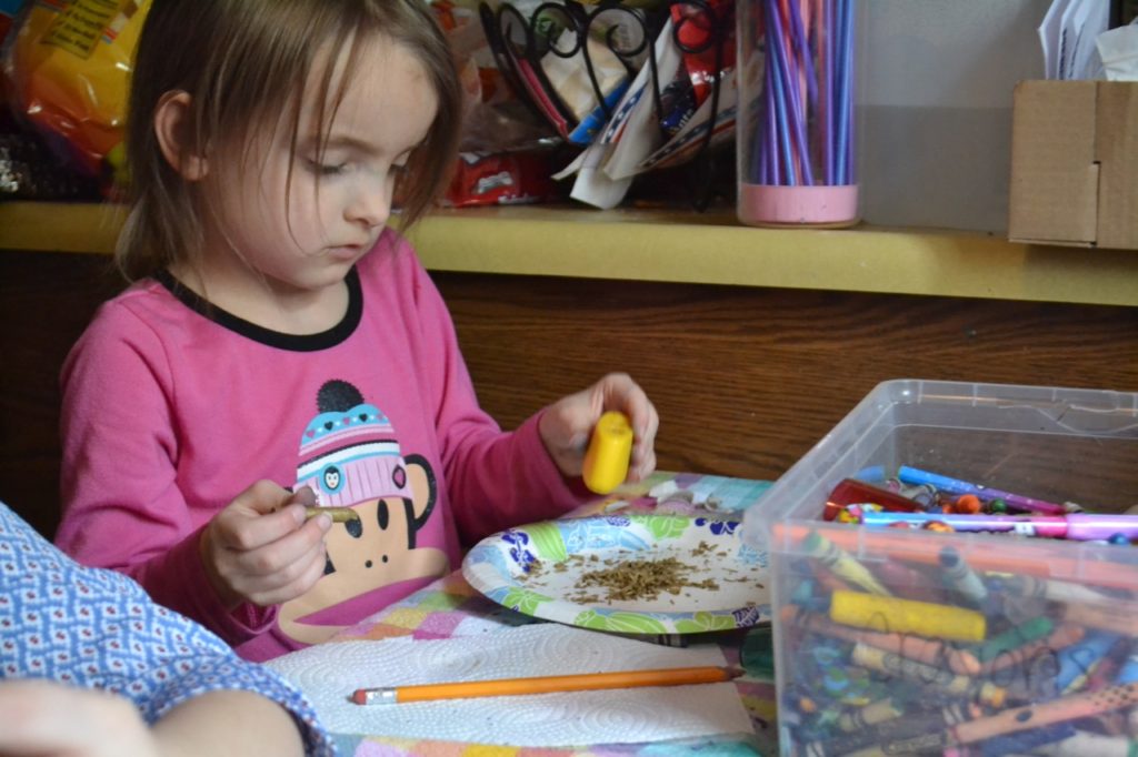 A picture of kids using a crayon sharpener to make crayon shavings.