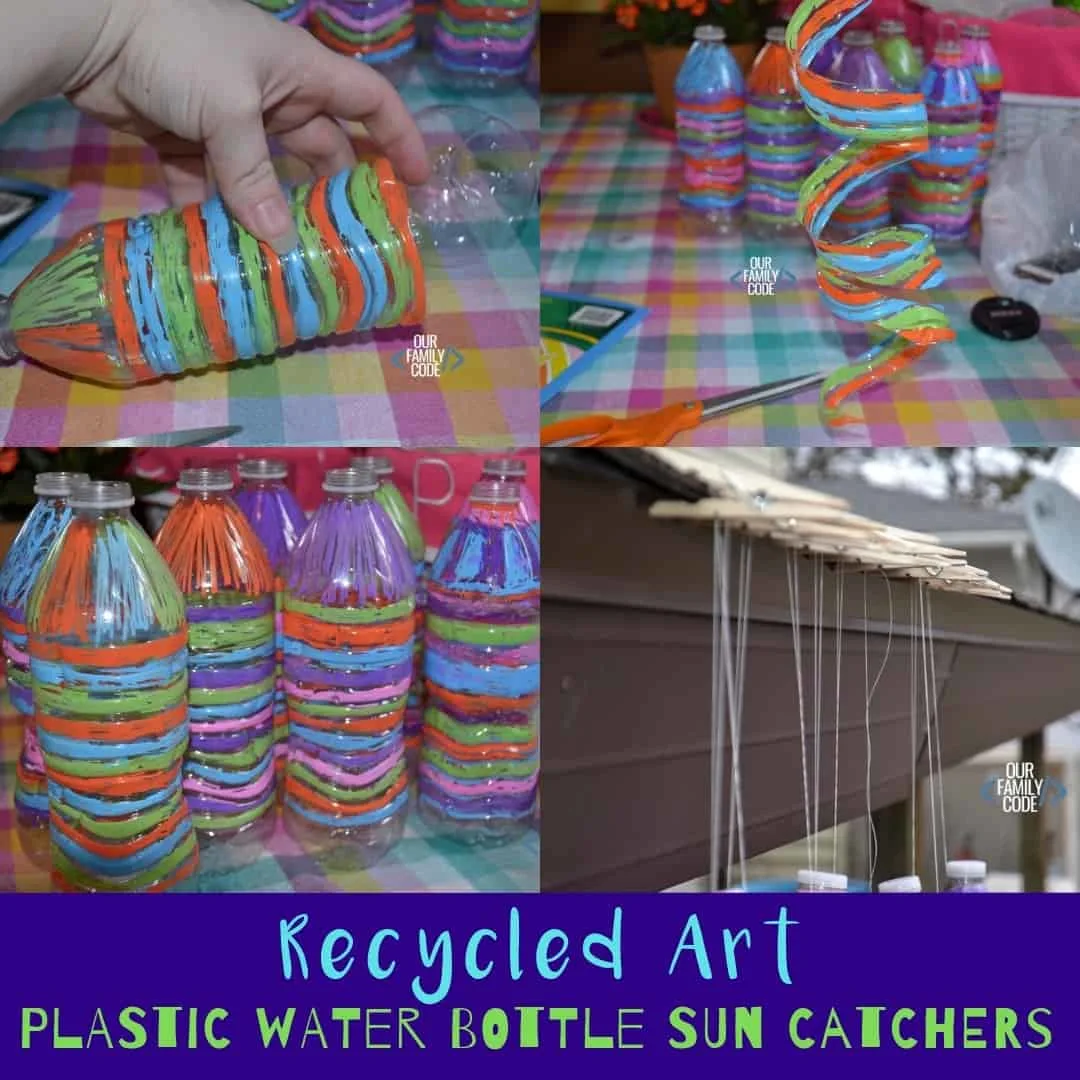 Recycle plastic water bottles into a sun catcher with this great spring project! #reduce #reuse #recycle #plastics #EarthDay #kidcraft #artproject #suncatcher #outdoor #summeractivities #springactivities