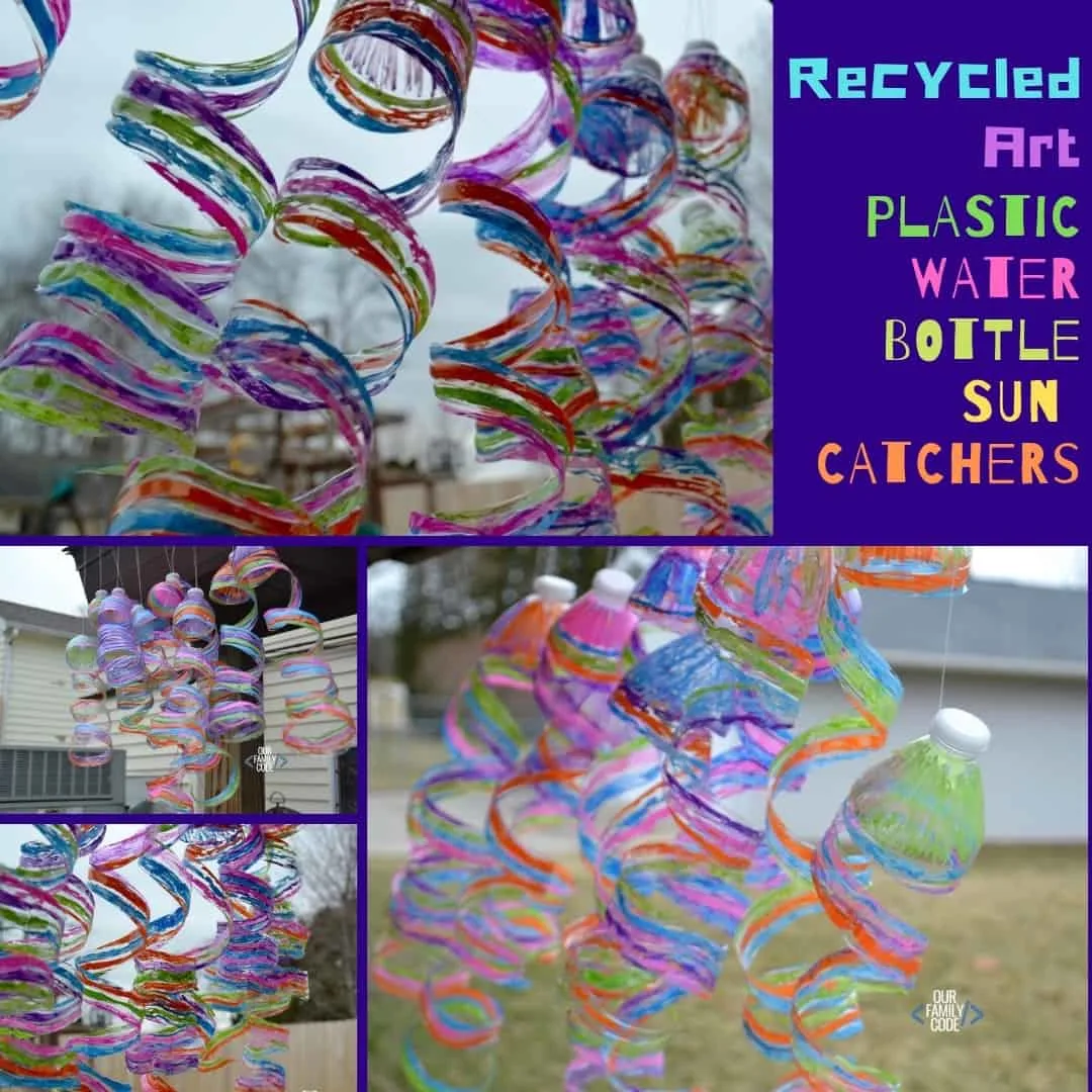 Recycle plastic water bottles into a sun catcher with this great spring project! #reduce #reuse #recycle #plastics #EarthDay #kidcraft #artproject #suncatcher #outdoor #summeractivities #springactivities