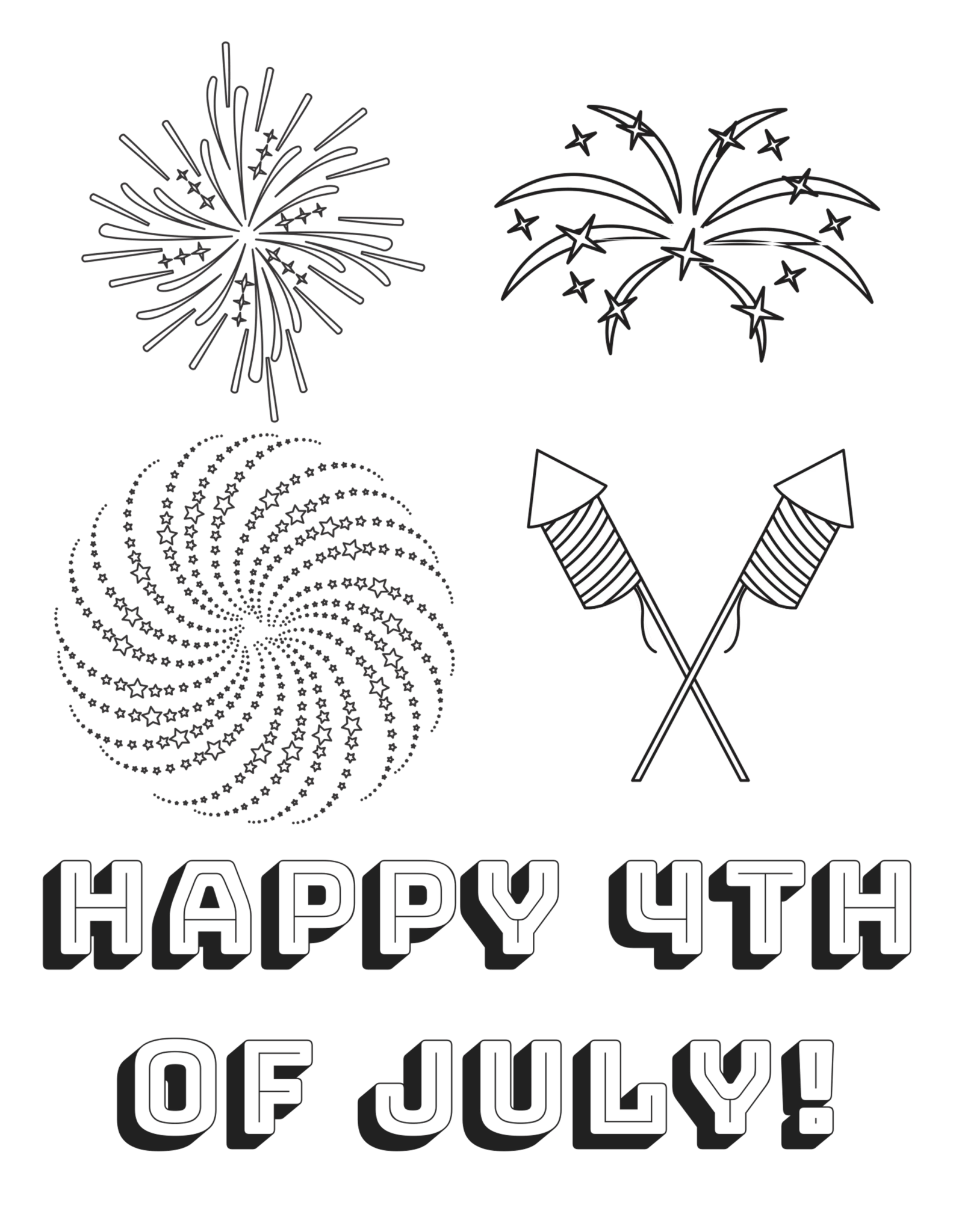 A picture of a Happy 4th of July coloring page with fireworks.