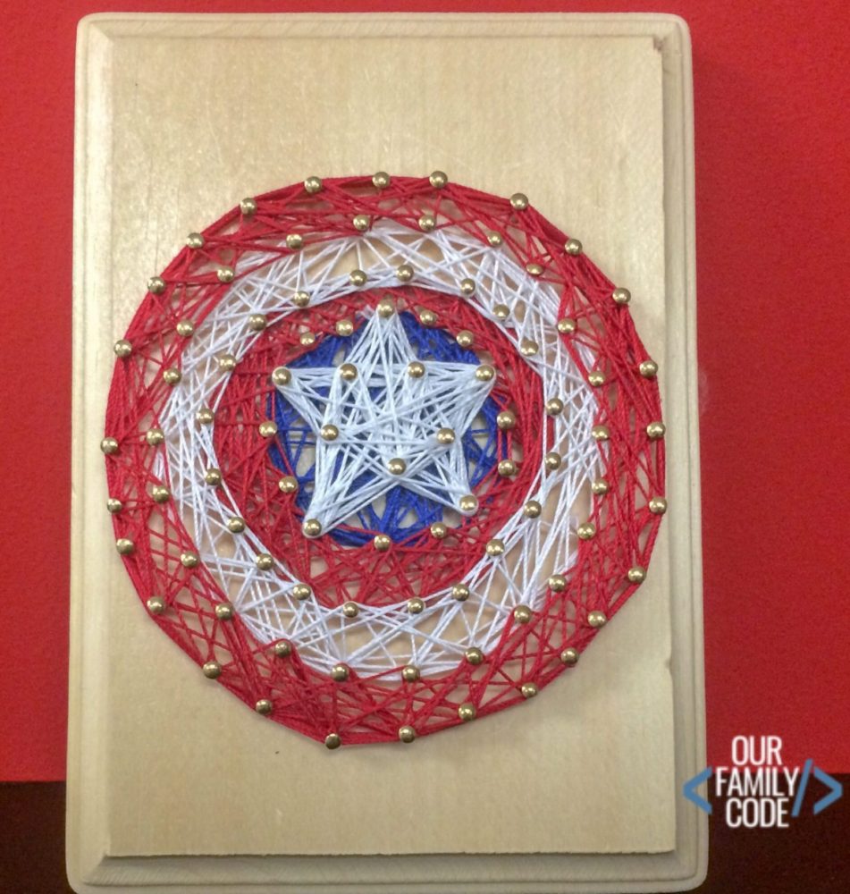 A picture of Captain America DIY superhero string art.