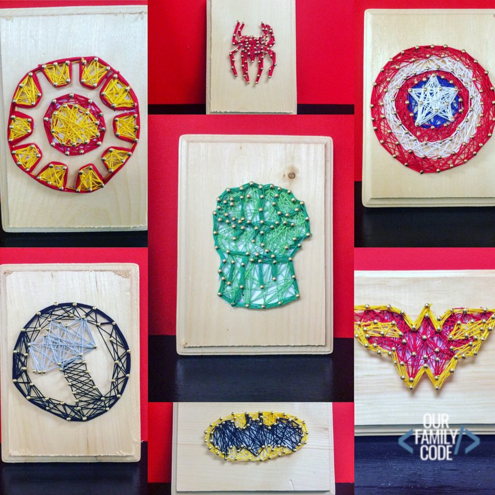 A picture of superhero string art finished pieces.