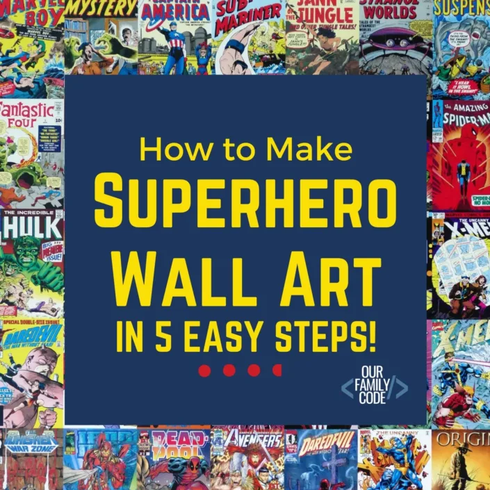 DIY Superhero Wall Art for a Baby or Kid's Bedroom or Playroom today! You only need a few supplies to make Captain America, Spiderman, Iron Man, Hulk, Thor, Wonder Woman, and Batman Superhero String Art! OurFamilyCode.com #DIYcaptainamerica #superherowallart #superherostringart #stringwallart #ironmanwallart #boysroomdecorations #decorateplayroom #howtomakesuperherowallart #wonderwomanDIY #DIYThor #DIYBatman #DIYHulk #SpidermanDIY #DIYsuperhero #DIYkidsroomdecor #DIYsuperherostringart #DIYsuperherowallart #DIYavengers #howtomakesuperherostringart