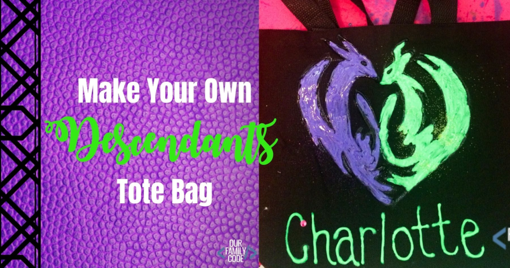 DIY Cute & Easy Disney Descendants Personalized Tote Bags Do you have a Descendants fan? Well, this tutorial is for you! You can absolutely DIY a fantastic Mal tote bag just in time for Halloween #disneydescendants #malfromdescendants #isleofthelost #DIYcostumes #halloweencostumes #DIYdisney #Malcostume #disneyhalloweencostume