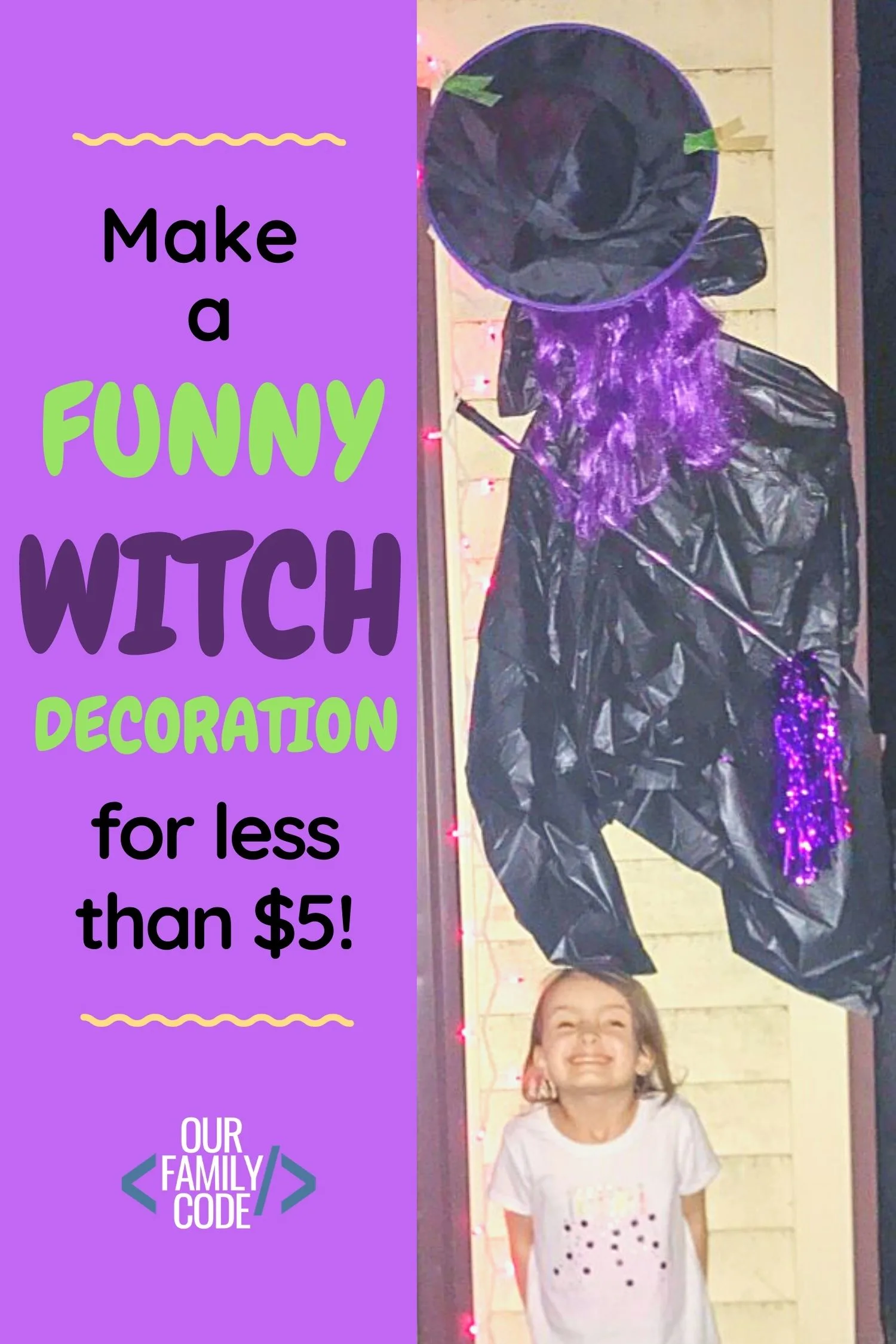 This funny Witch Halloween decoration is probably the easiest one to make and it's super funny. The end result, a funny witch who crash landed into the house that cost less than $5 to make! #halloweendecorationDIY #DIYwitchdecoration #funnyHalloweendecoration #DIYHalloweendecoration