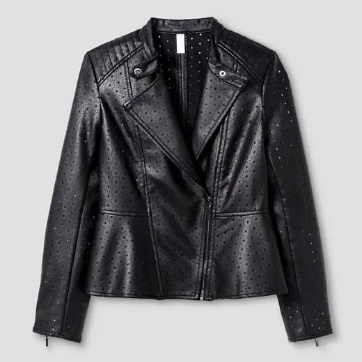 A picture of a black leather jacket from Target.