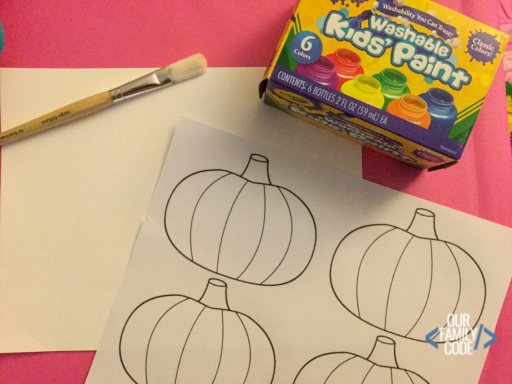 Pumpkin templates and Crayola kid's paint supplies to make preschool pumpkin art with qtips