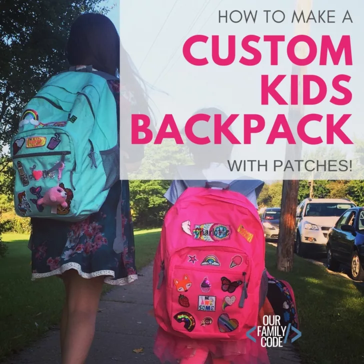 Backpacks are $20+ each these days & every year my kids want a new one. Check out how we solved that problem by designing custom kids backpacks! #backpackpatches #bestbackpacksforschool #coolbackpacksforkids #diybackpacks #customizekidsbackpack #personalizedkidbackpacks #howtosewpatchesonabackpack #sewpatchesonbackpack