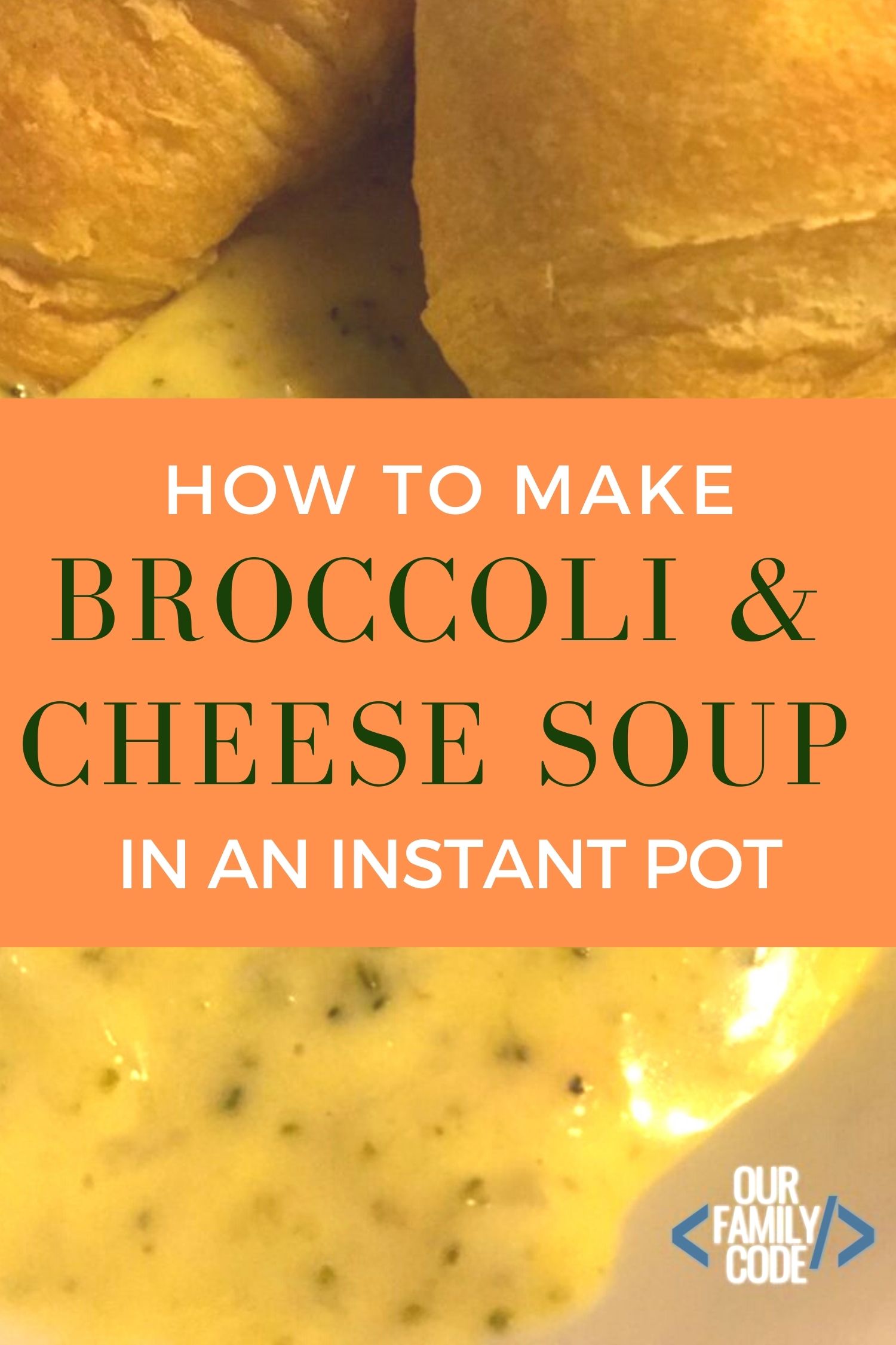 We took our favorite copycat Panera broccoli and cheese soup recipe and converted it to an easy Instant Pot recipe! Find out how you can make it too @ OurFamilyCode.com! #instantpotsouprecipes #broccoliandcheesesoup #paneracopycatsoup #instantpotsoup #howtomakebroccolisoup #familyfriendlymeals #kidapprovedsoups #easyfamilymeals #easyinstantpotrecipes