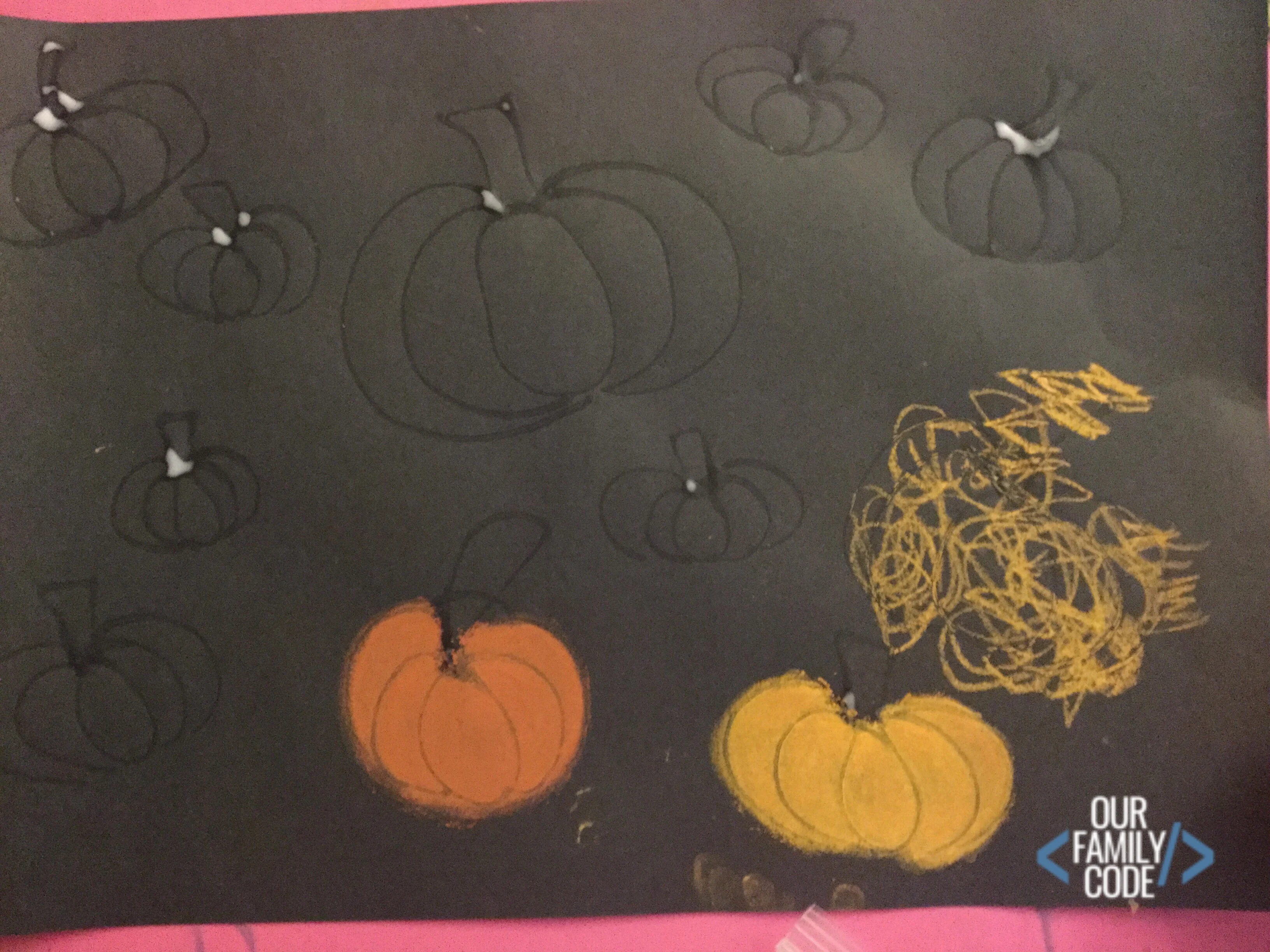 You can absolutely make beautiful chalk pastel pumpkin art with your kids by using a glue resist art method. #glueresistart #chalkpastelart #easykidartprojects #artprojectsforkids #howtodrawapumpkin 