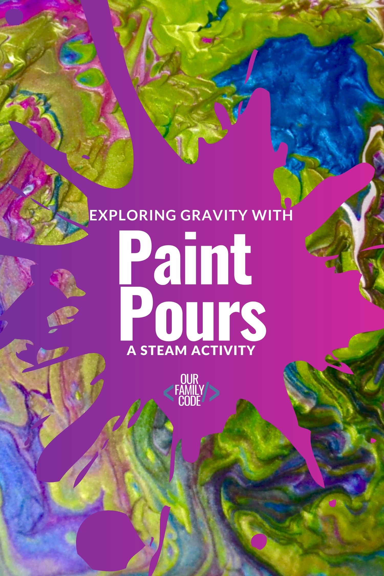 Gravity makes some of the most interesting art! Learn about gravity with paint pours and make awesome marbleized patterns with kids today! #ourfamilycode #STEAM #paintpour #artprojects #STEM #kidcrafts #gravitylesson #scienceforkids #STEAMkids