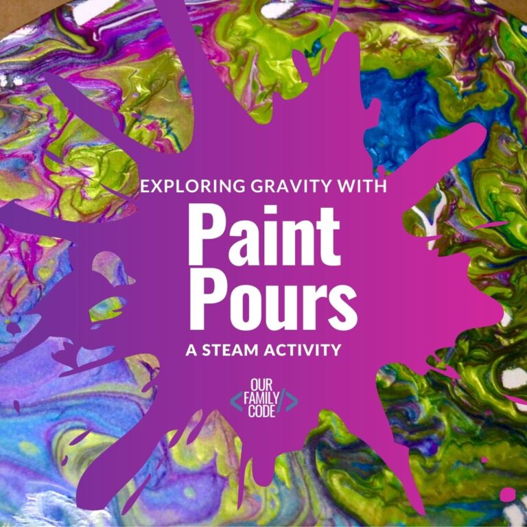 Gravity makes some of the most interesting art! Learn about gravity with paint pours and make awesome marbleized patterns with kids today! #ourfamilycode #STEAM #paintpour #artprojects #STEM #kidcrafts #gravitylesson #scienceforkids #STEAMkids