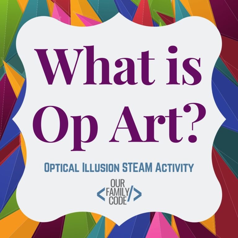 What is Op Art? Find out how to make awesome optical illusion art and download a free optical illusion coloring book for kids! #OurFamilyCode #STEAM #STEM #opticalillusionart #opart #kidcrafts #artprojects