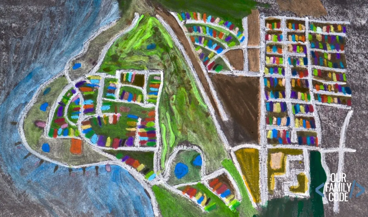 This activity introduces maps and basic directions to kids K-3 and helps them become more aware of their surroundings while also creating awesome hometown map art from a local geography! #STEAMactivitiesforkids #STEM #STEAM #kidcraft #artprojectsforkids #oilresistart