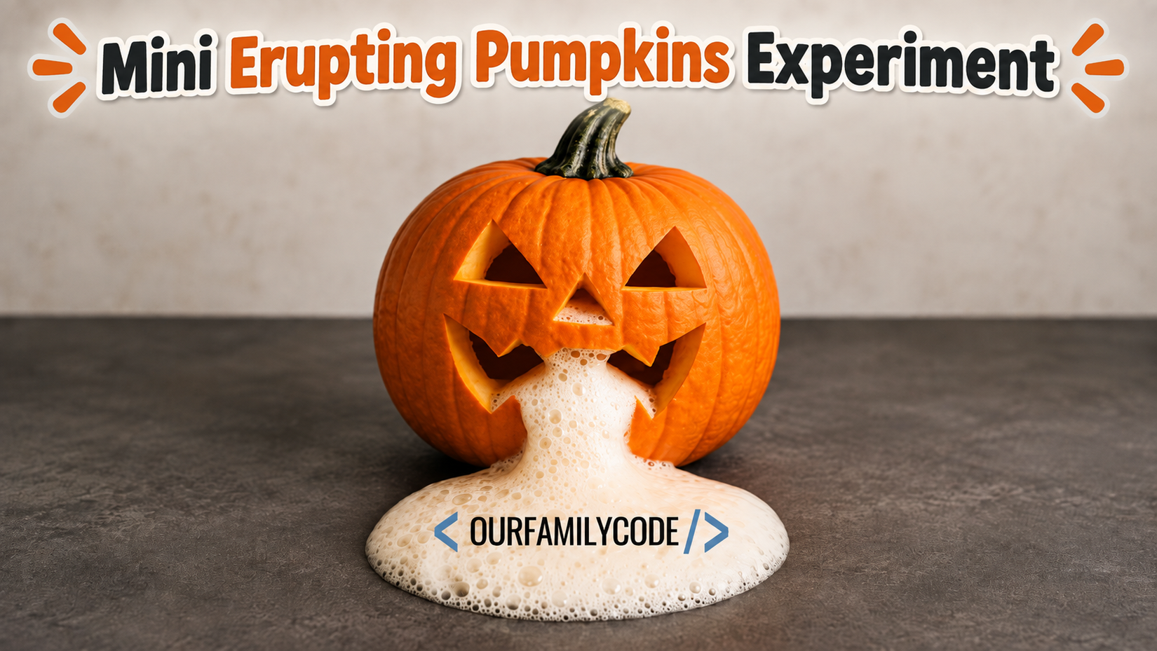 Mini erupting pumpkins foaming during a baking soda and vinegar science experiment
