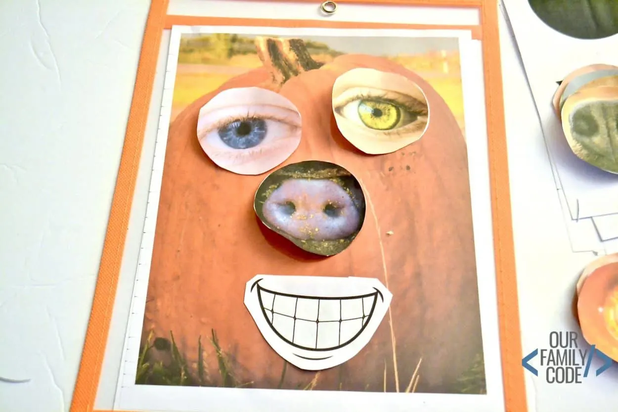 Grab these free pumpkin face pieces and have fun making silly pumpkin faces with your toddler or preschooler! #toddleractivity #preschoolactivity #pumpkinart #fallactivitiesforkids