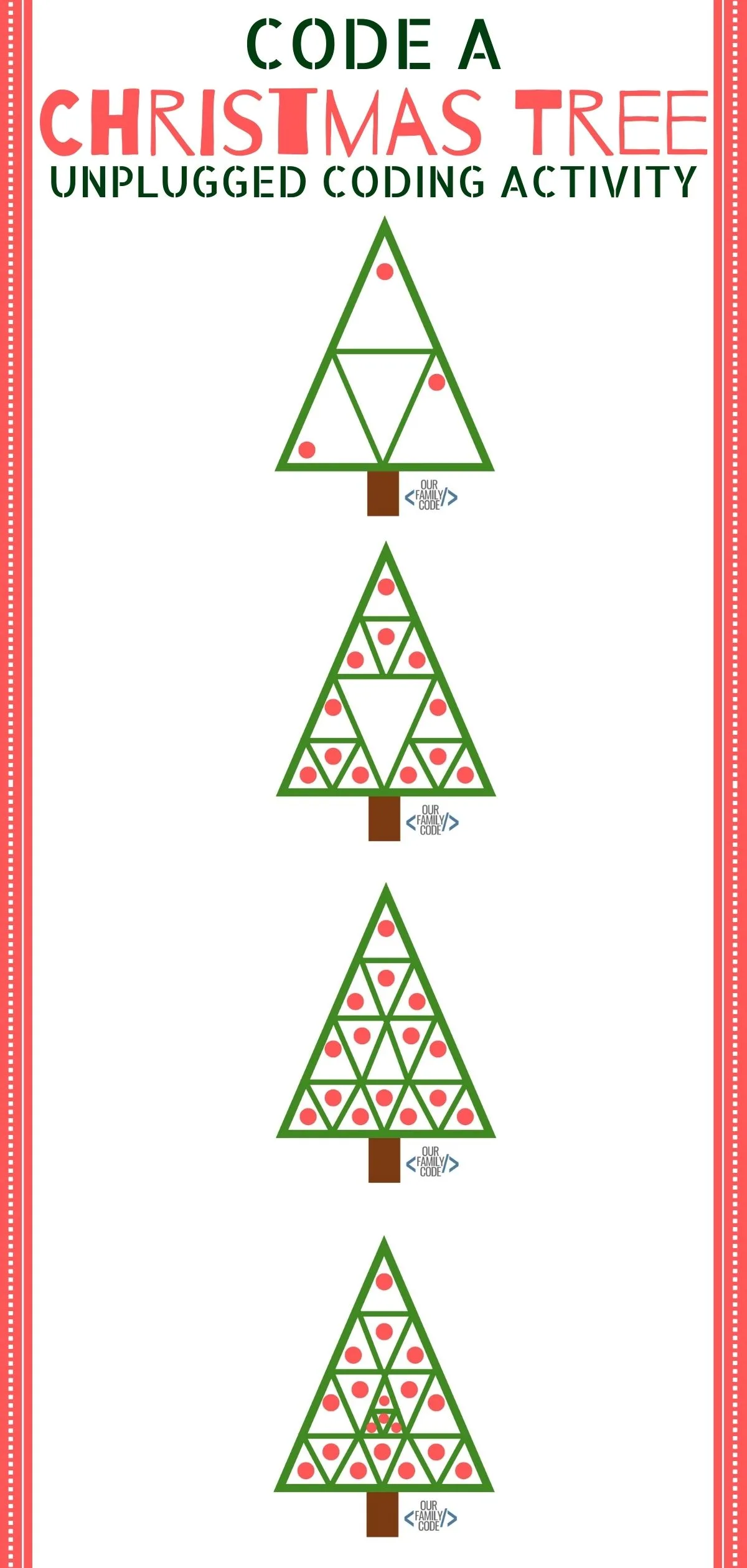This Christmas tree algorithm art activity is an unplugged coding activity for kids K-8 to learn how everyday actions can be turned into a computer program. #HourofCode #teachkidstocode #kidcoders #STEAM #STEM #codingforkids #learntocode #Christmascrafts #Steampoweredholidays