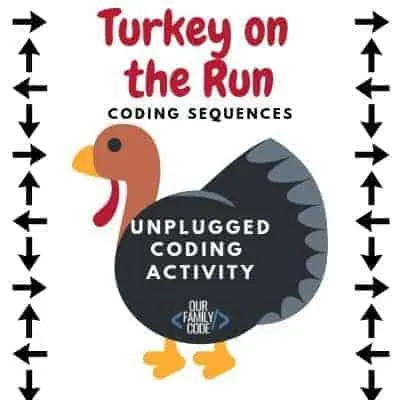 Find the correct sequence to help turkey escape before he becomes Thanksgiving dinner in this unplugged coding worksheet for kids! #teachkidstocode #freeworksheets #thanksgivingactivitiesforkids #STEM #STEAM #unpluggedcoding #hourofcode