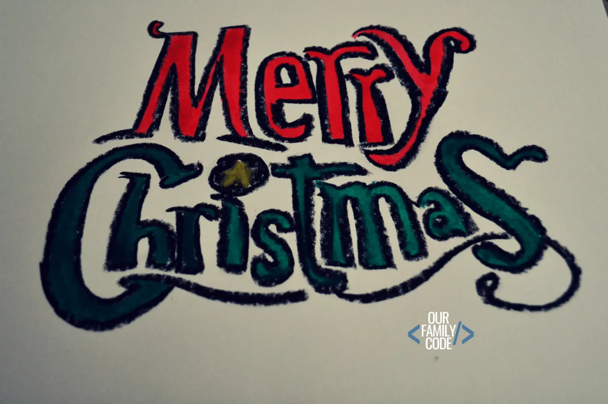 A picture of a crayon resist Christmas card on a free printable Christmas card.