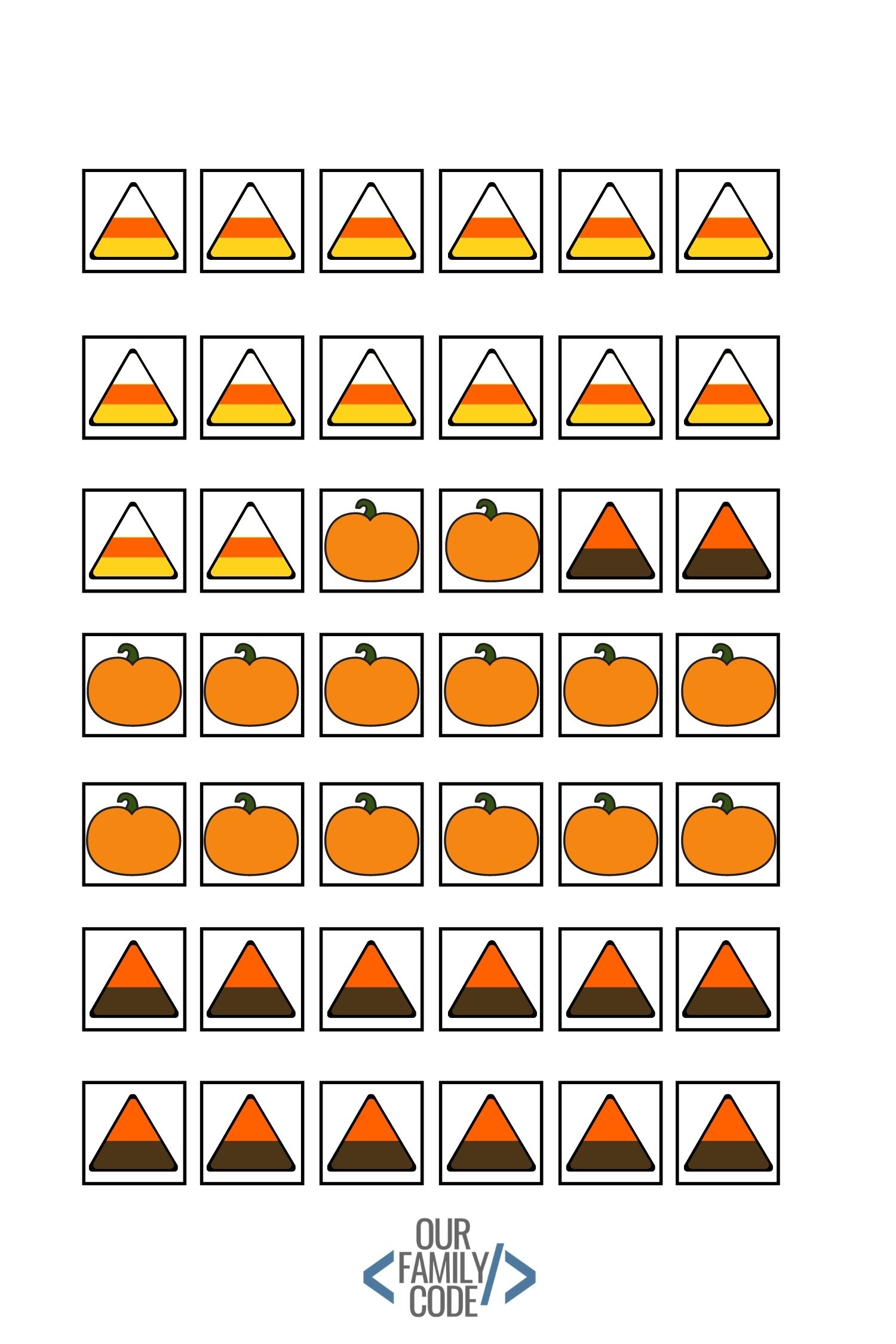 A picture pf candy corn and candy pumpkin pieces for preschool sequencing activity.