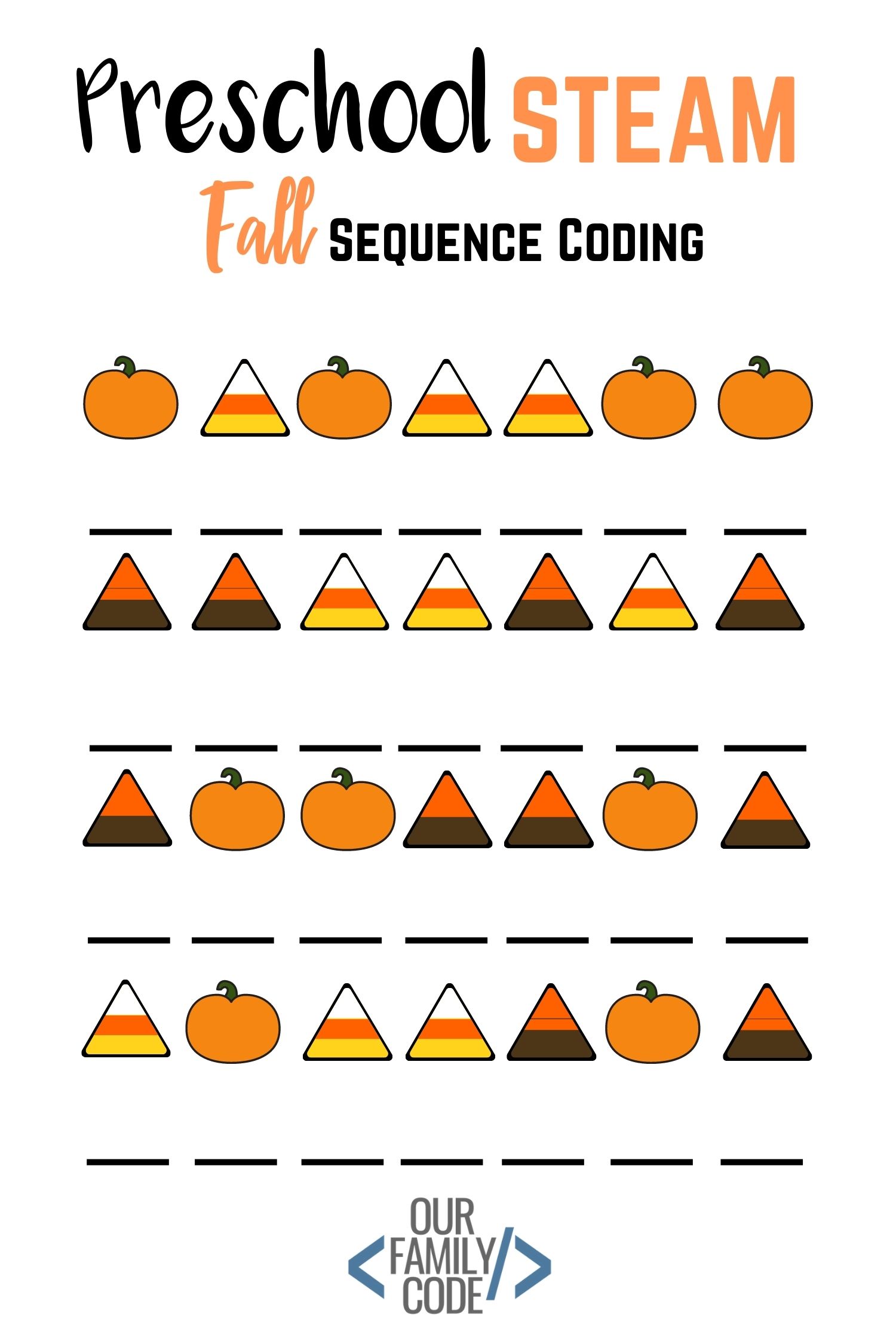 A picture of a preschool STEAM fall sequence coding worksheet.