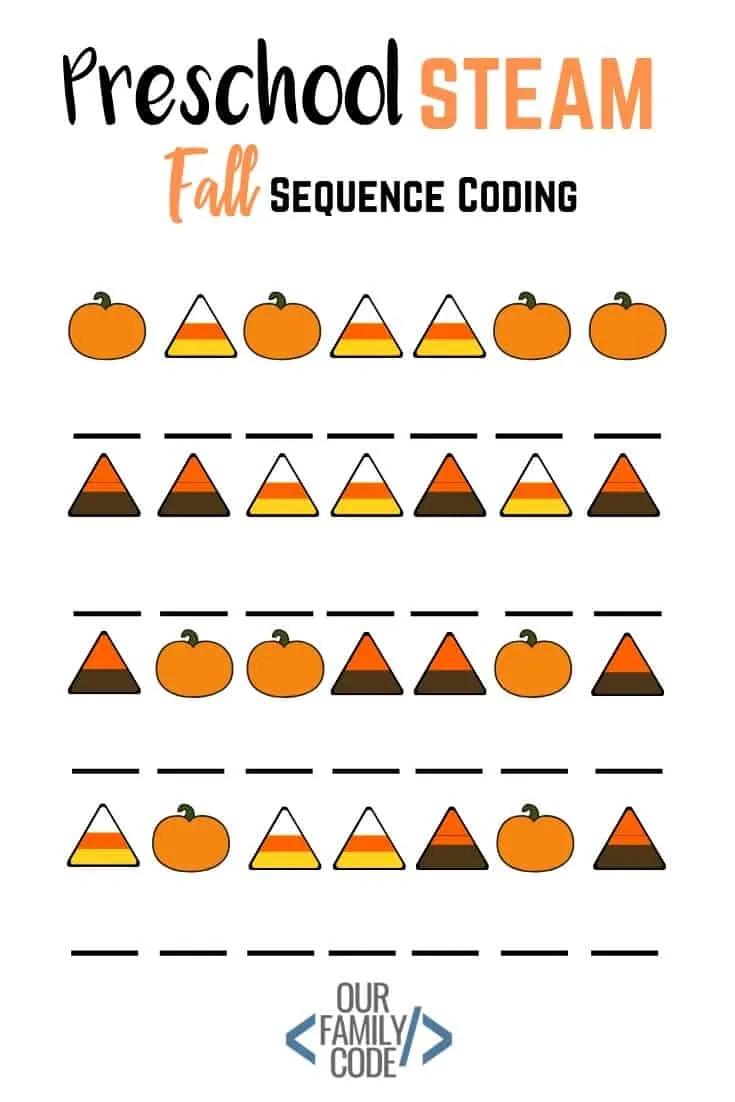 A picture of a preschool STEAM fall sequence coding worksheet.