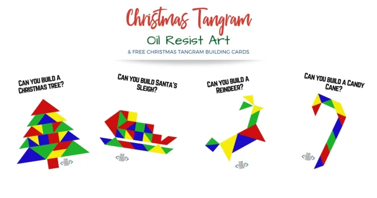 FI Christmas Tangram OilResistArt Use science + art to make Christmas cards with your kids with this crayon resist Christmas card activity with free printable Christmas cards!
