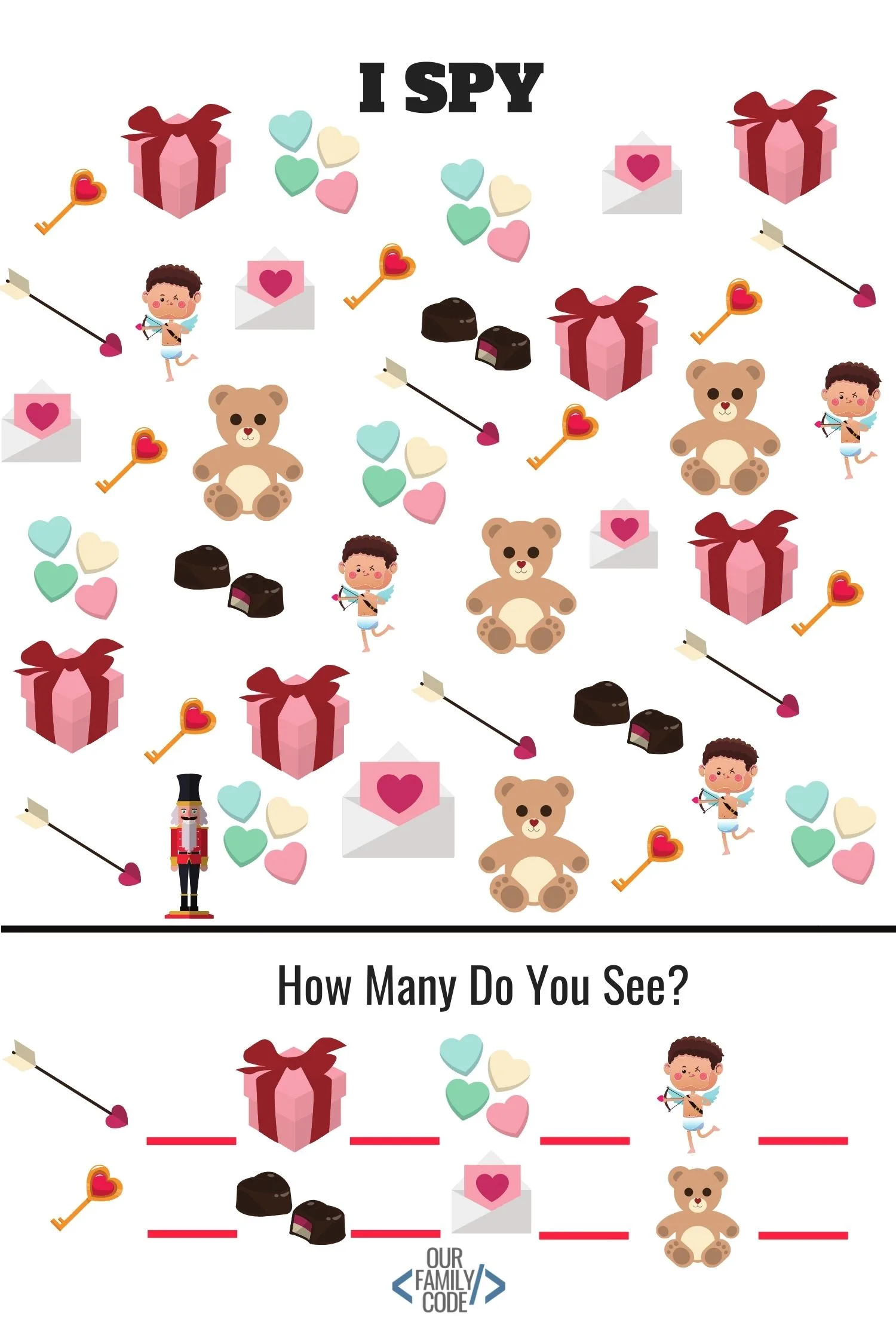 A picture of a Preschool Valentine's Day worksheet Valentine's Day I-Spy worksheet.