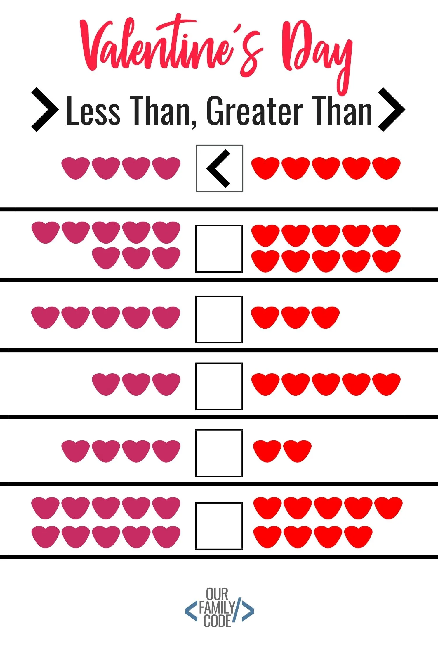 Free Valentine's Day Worksheets for Kids Less Than Greater Than Math