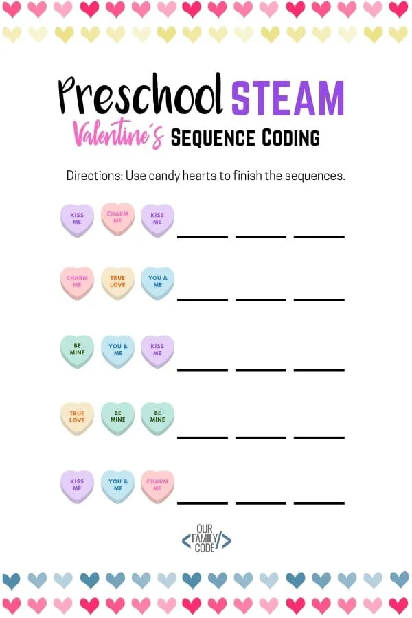 A picture of a candy heart sequences worksheet for kids.