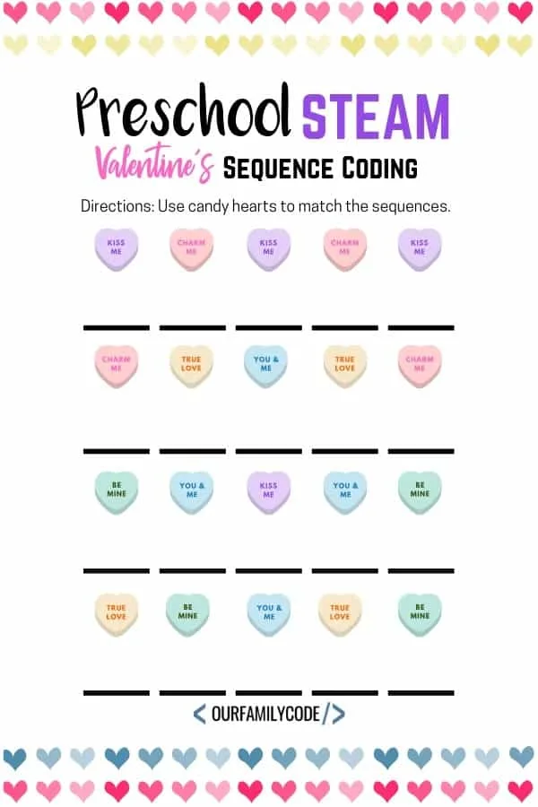 Grab these free preschool unplugged coding worksheet to practice sequencing today and finish writing sequences with Valentine's Day candy hearts! #coding #teachkidstocode #STEAM #STEM #ValentinesDay