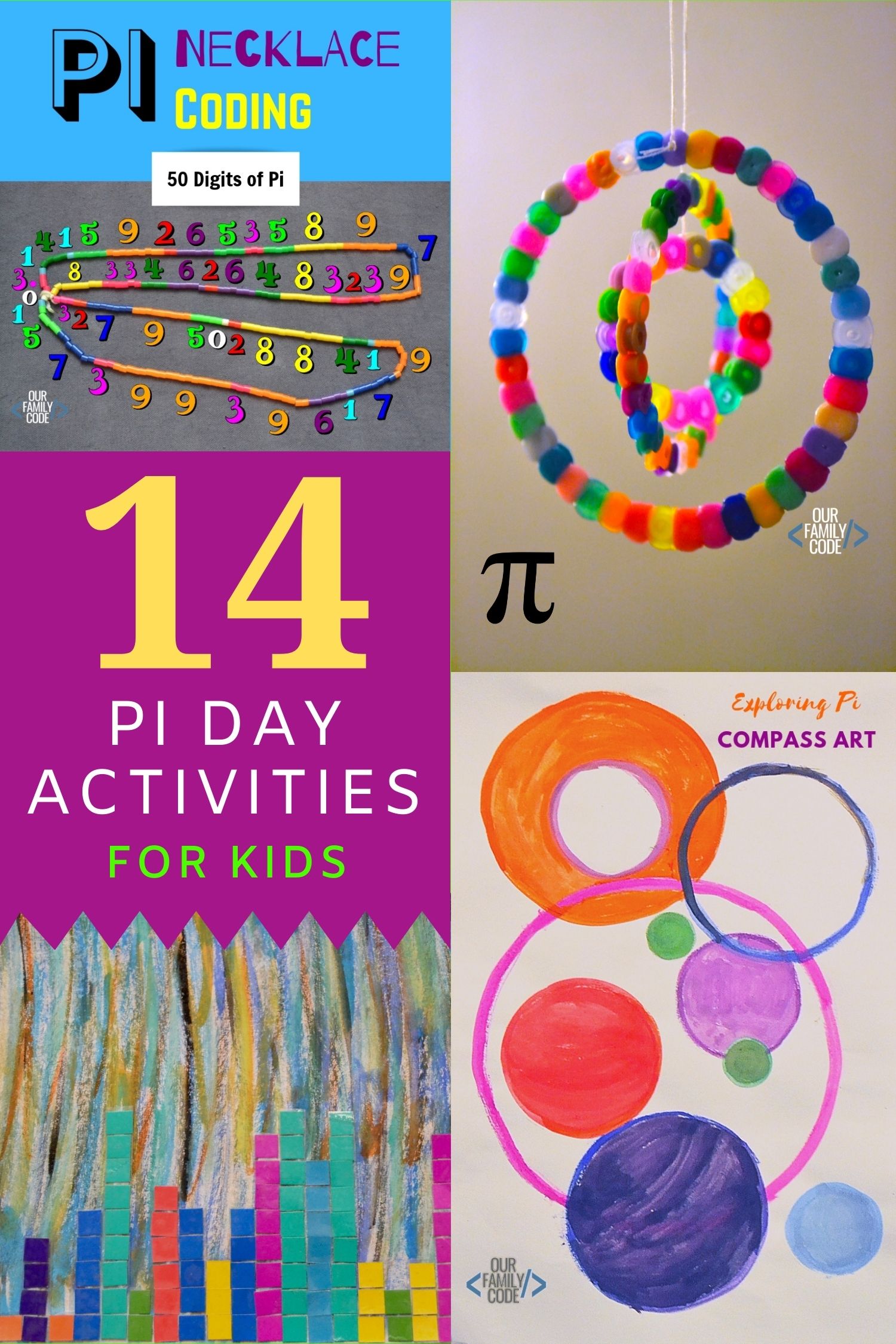 A picture of pi day activities for kids in a collage.