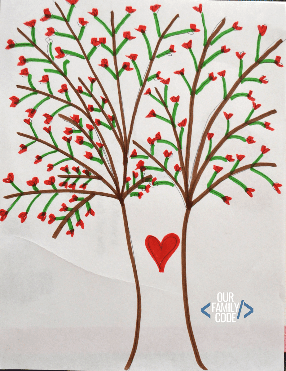 A picture of a completed heart tree directed drawing algorithm activity.