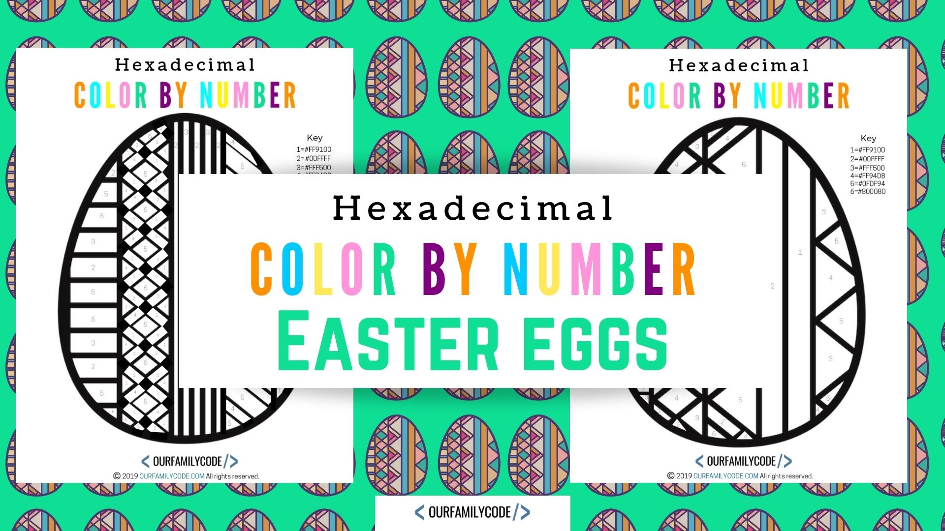 A picture of hexadecimal color by number easter egg blog header on green background.