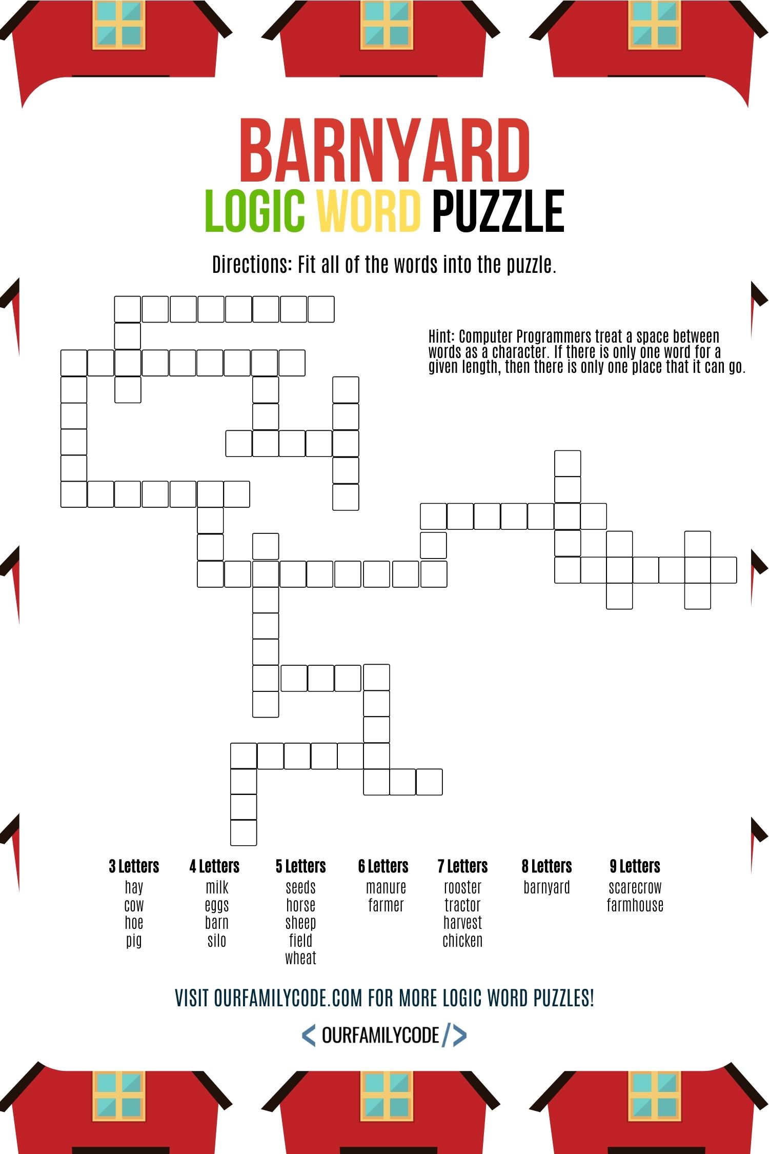 A picture of a barnyard logic word puzzle for kids free download.