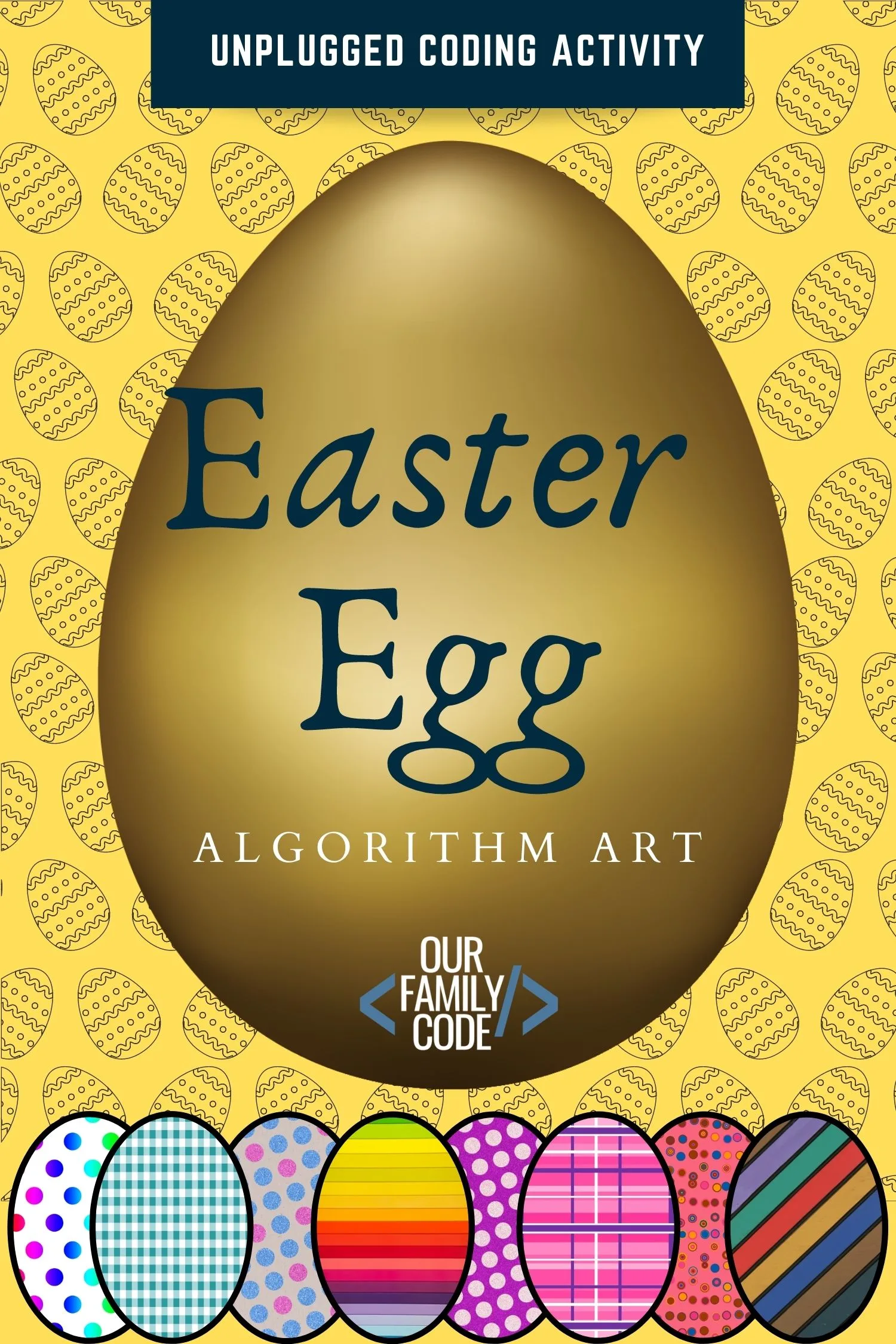 A picture of a golden egg with the text "Easter Egg Algorithm Art" printed on it.