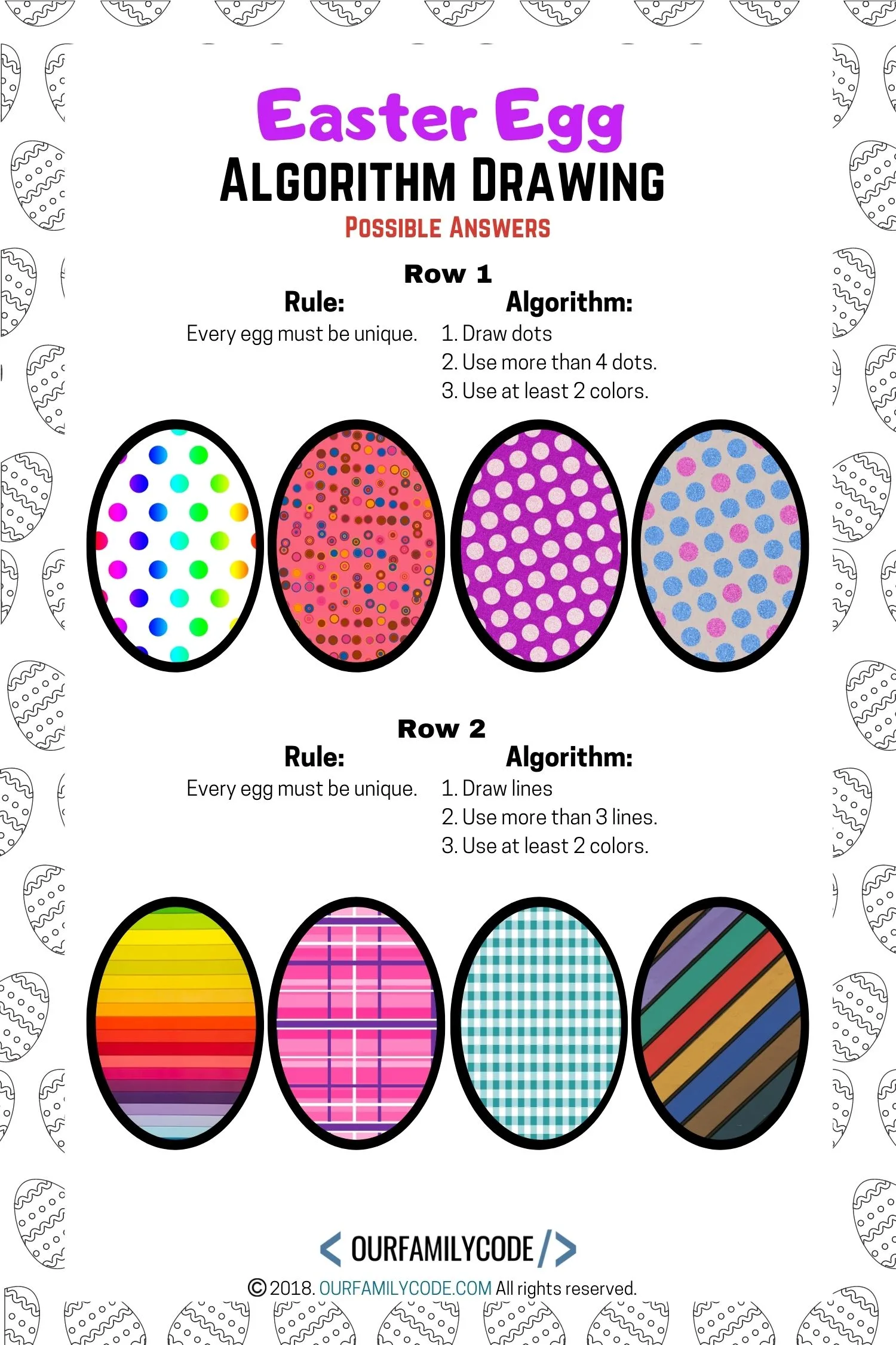 A picture of an answer key for Easter Egg algorithm drawing unplugged coding worksheet.