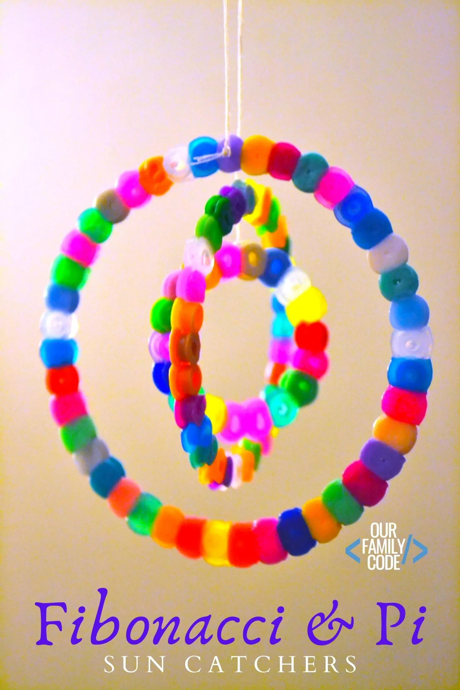 Explore the number Pi by making math sun catchers out of fuse beads for a fun math + art STEAM activity! #STEAM #PiDay #Fibonacci #mathforkids #mathart #craftsforkids #STEM #homeschool