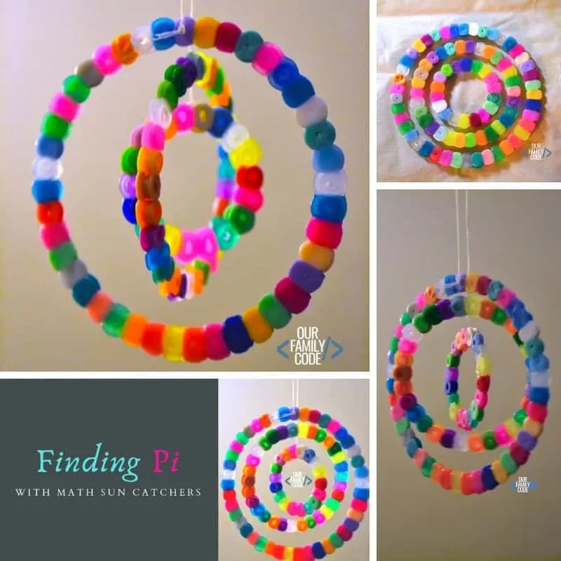 The goal of this activity is to explore the number Pi and prove that it is a mathematical constant by making math sun catchers out of perler beads for a fun math + art STEAM activity! #STEAM #PiDay #Fibonacci #mathforkids #mathart #craftsforkids #STEM #homeschool