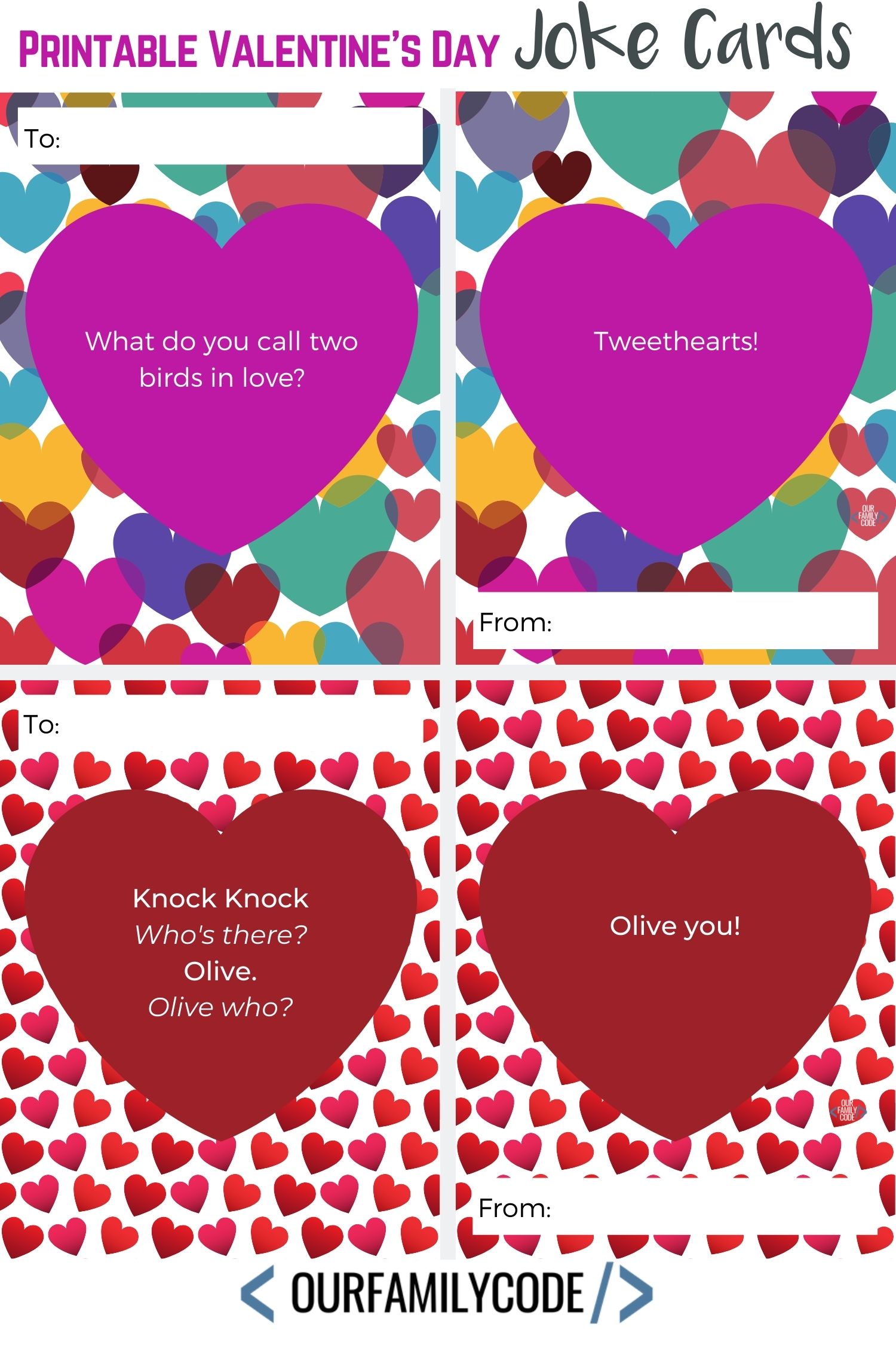 A picture of Free printable Valentine's Day joke cards.