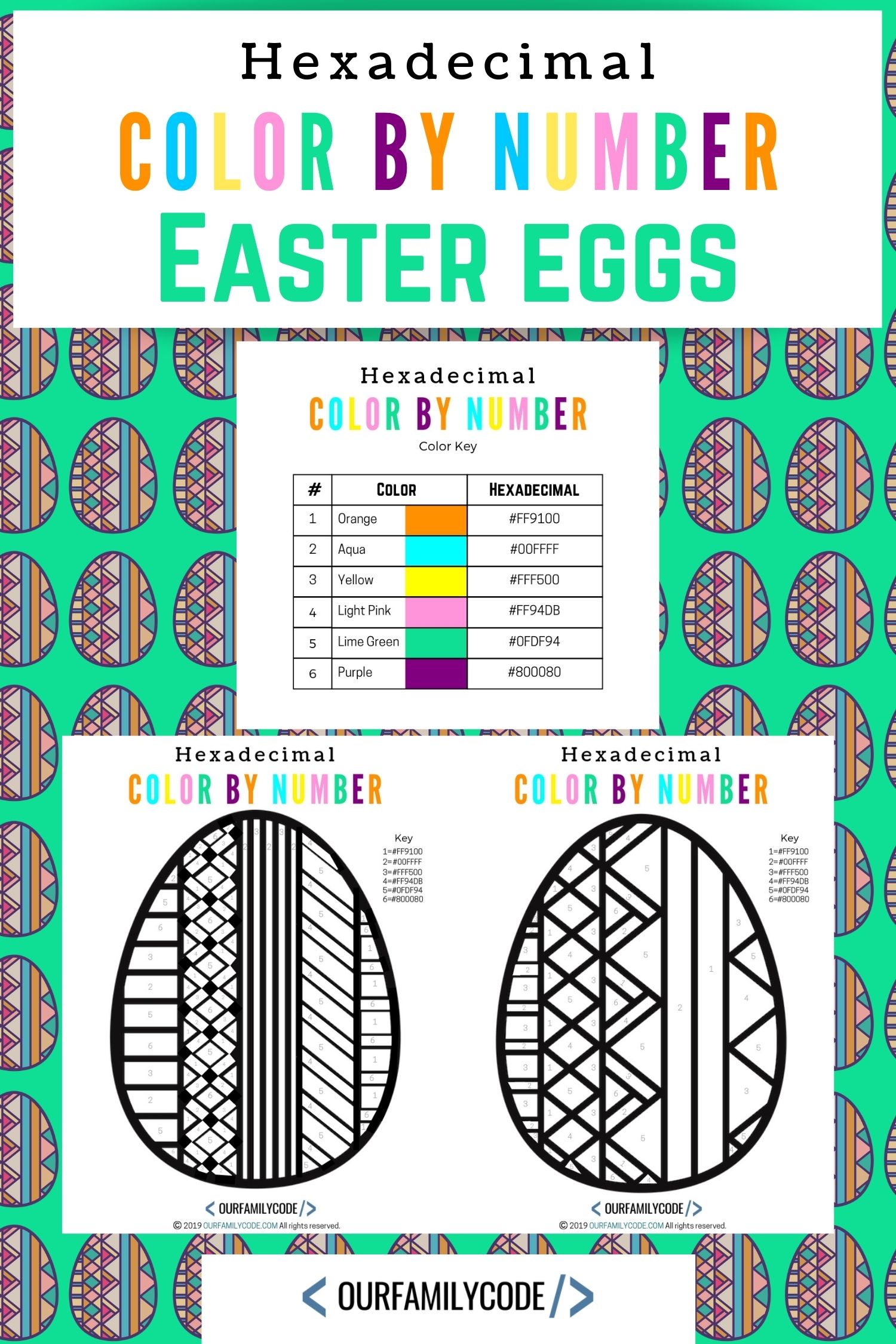 A picture of hexadecimal color by number easter egg worksheets on a green background with Easter eggs.
