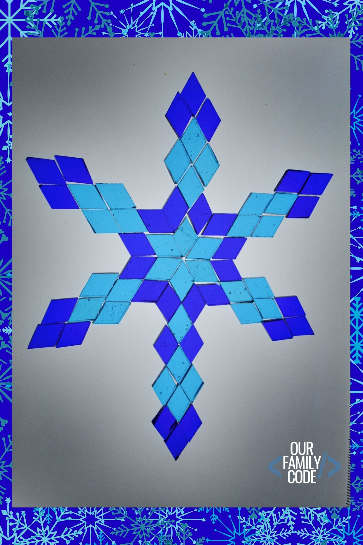 Mosaic pieces are a great way to create an invitation to play for older kids! Find out what you need to make mosaic snowflakes at Our Family Code! #winteractivitiesforkids #kidscrafts #mosaicartwork #tangrams #mathart #STEAM #STEM