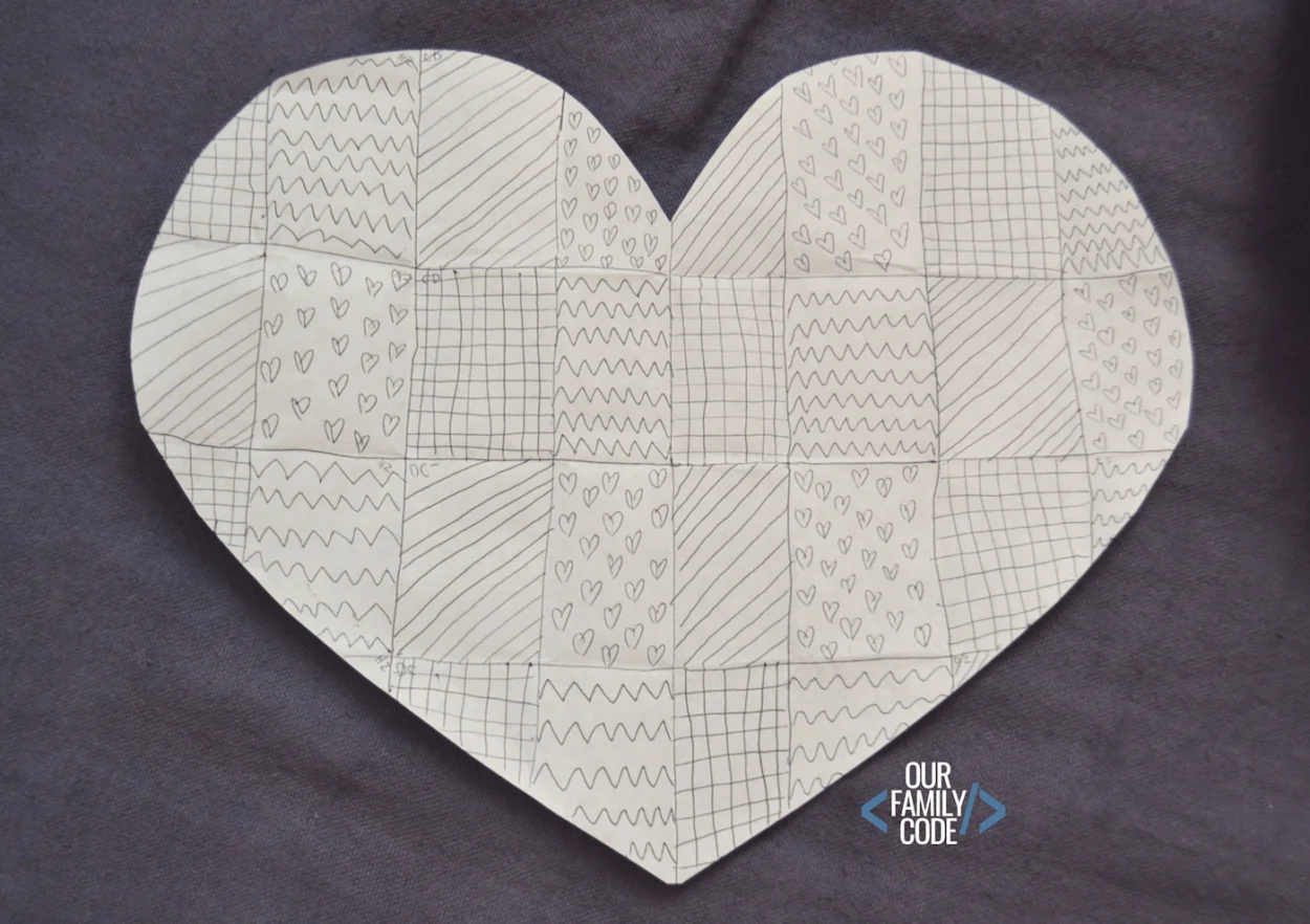 A picture of a hand drawn heart with logically completed sections that make a patchwork art heart.