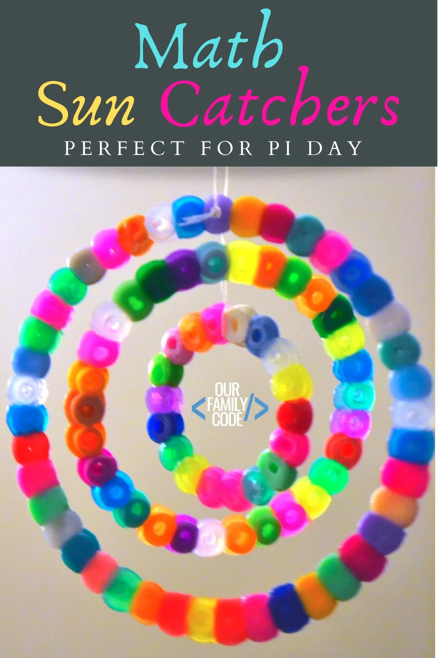 Explore the number Pi by making math sun catchers out of fuse beads for a fun math + art STEAM activity! #STEAM #PiDay #Fibonacci #mathforkids #mathart #craftsforkids #STEM #homeschool